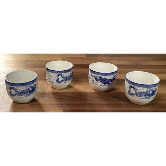 White Jade Porcelain Cheng's Blue Rose Dragon Set of 4 Tea Sake Cups - Picture 6 of 9